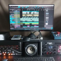 Widok na monitor z oprogramowaniem DAW prezentującym układ ścieżek audio, otoczony przez monitory studyjne Focal i Boss, procesory dźwięku SSL i Adam Hall, interfejs audio RODE K2 oraz mikrofon...