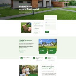 Wersito Agencja Interaktywna - Projekt strony internetowej firmy ogrodniczej z zielonym motywem, prezentującej usługi pielęgnacji trawników i projektowania ogrodów, z formularzem kontaktowym i danymi firmy.