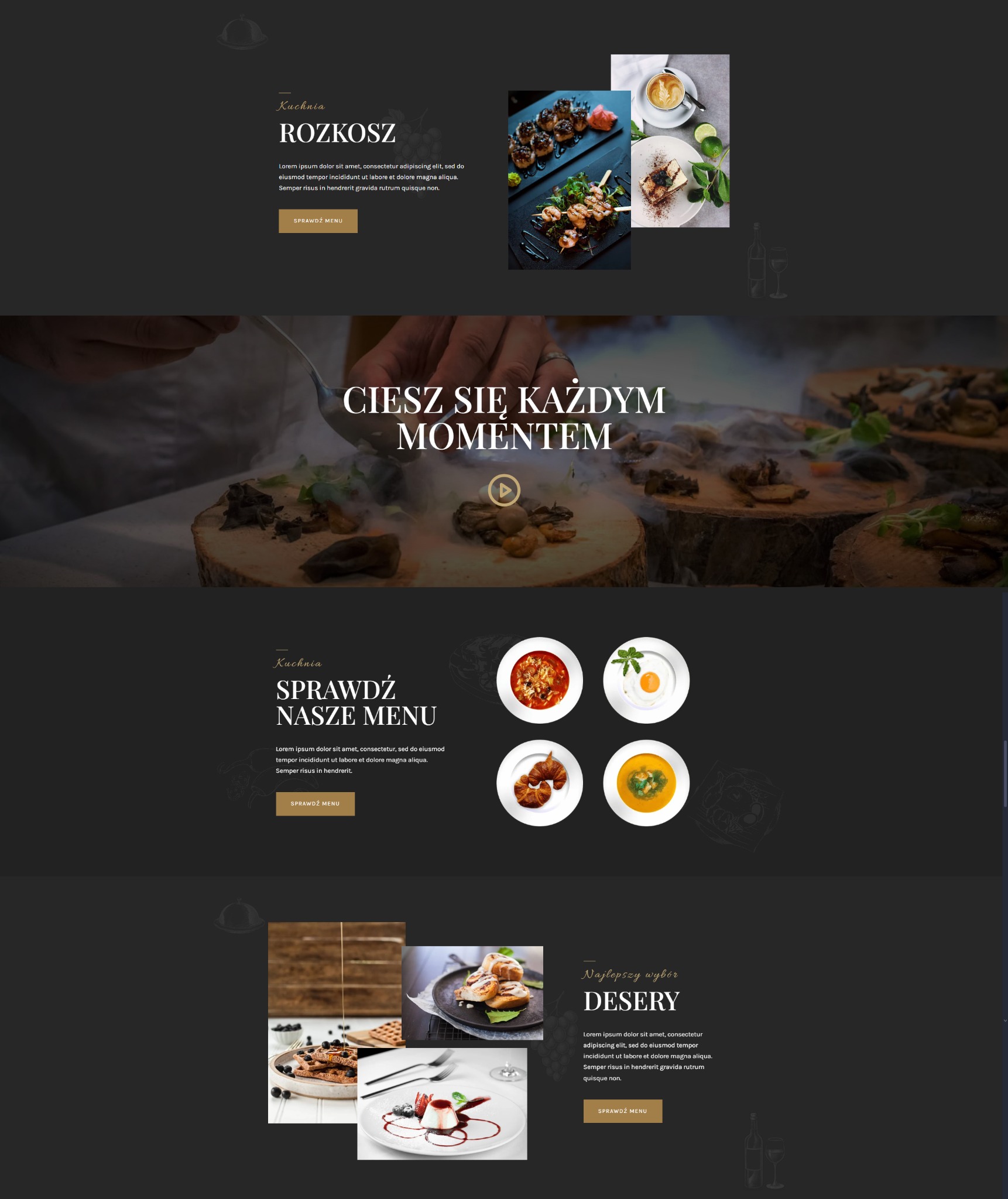 Nowoczesny układ strony internetowej restauracji z sekcjami menu i opisami dań. Dominują ciemne barwy i apetyczne zdjęcia potraw.