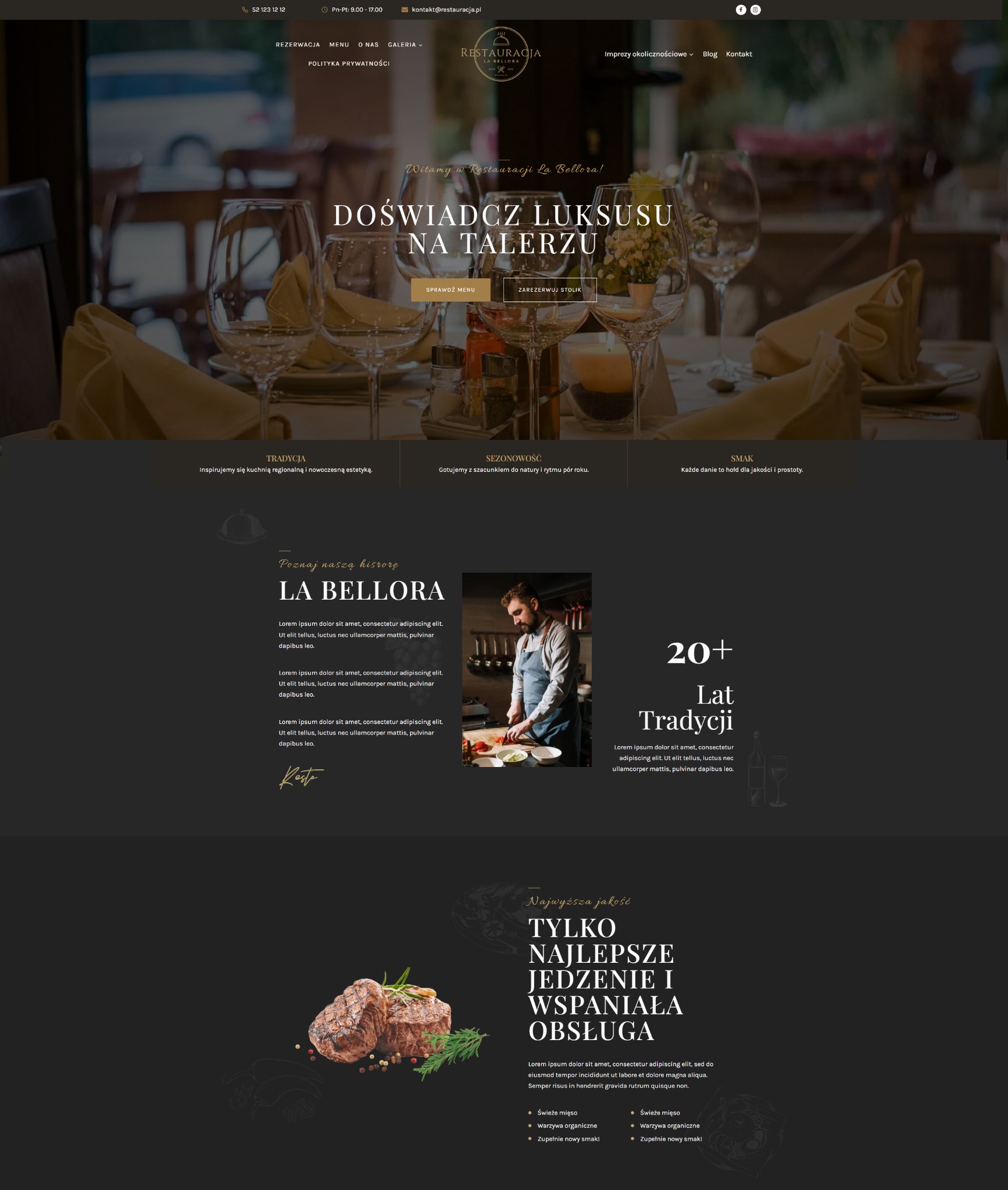 Strona internetowa restauracji La Bellora, z motywem kulinarnym i eleganckim designem. Widoczne menu, informacje o tradycji i jakości jedzenia.