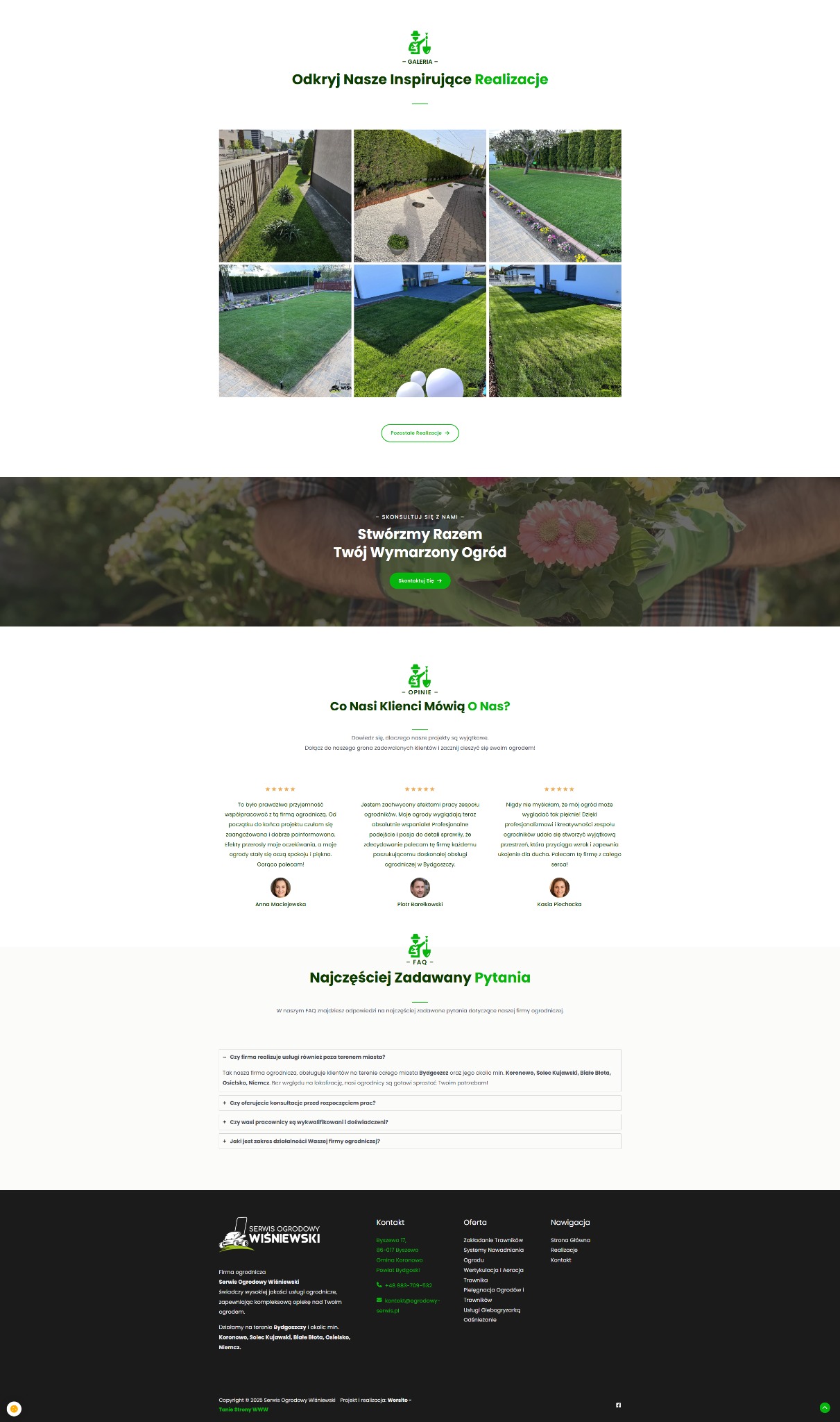 Galeria zdjęć z inspirującymi realizacjami ogrodów. Prezentacja efektów pracy ogrodniczej z zadbanymi trawnikami, ścieżkami i elementami dekoracyjnymi.