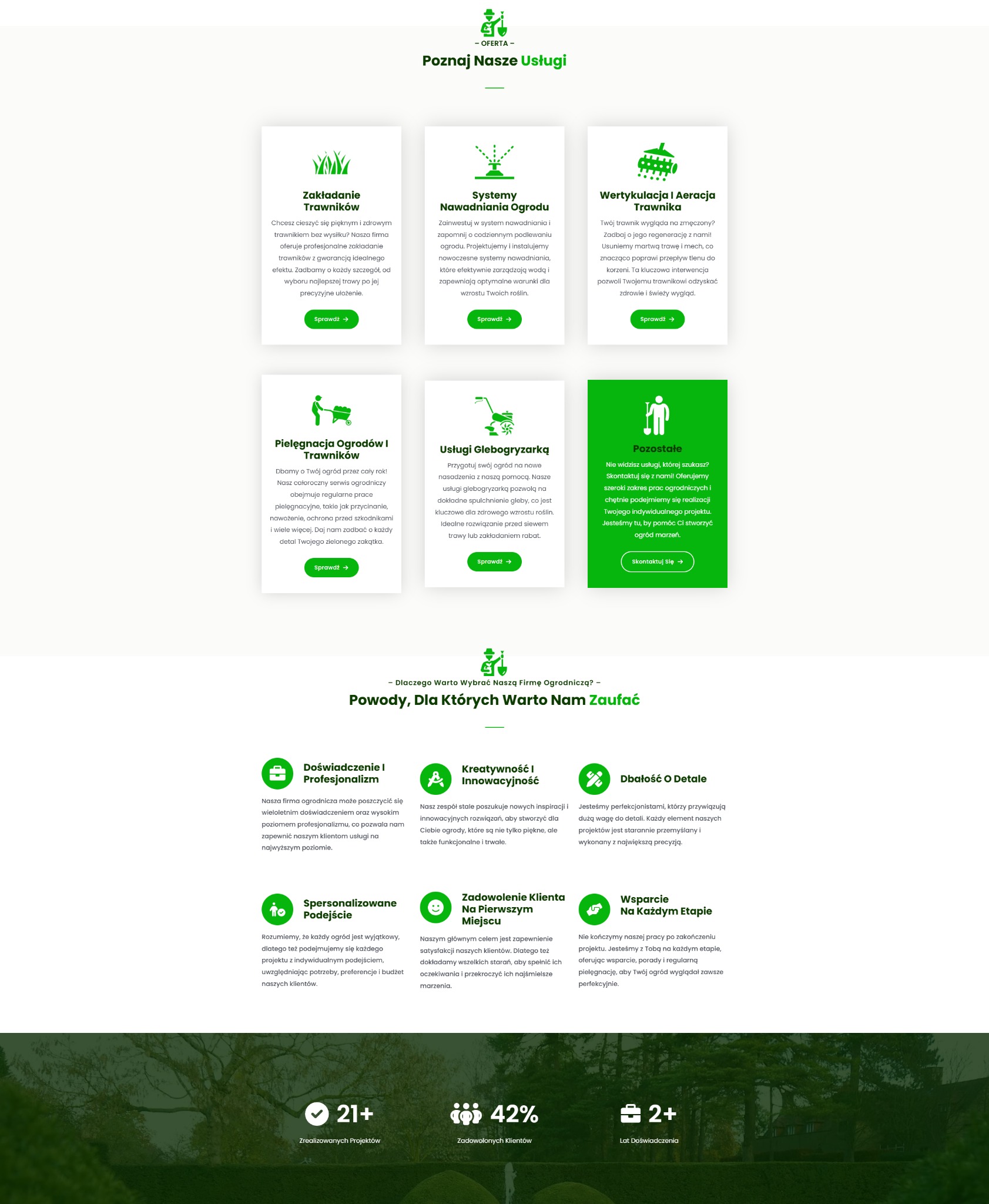Grafika prezentuje ofertę usług ogrodniczych: zakładanie trawników, systemy nawadniania, wertykulacja, pielęgnacja, glebogryzarka. Firma stawia na doświadczenie i innowacje.