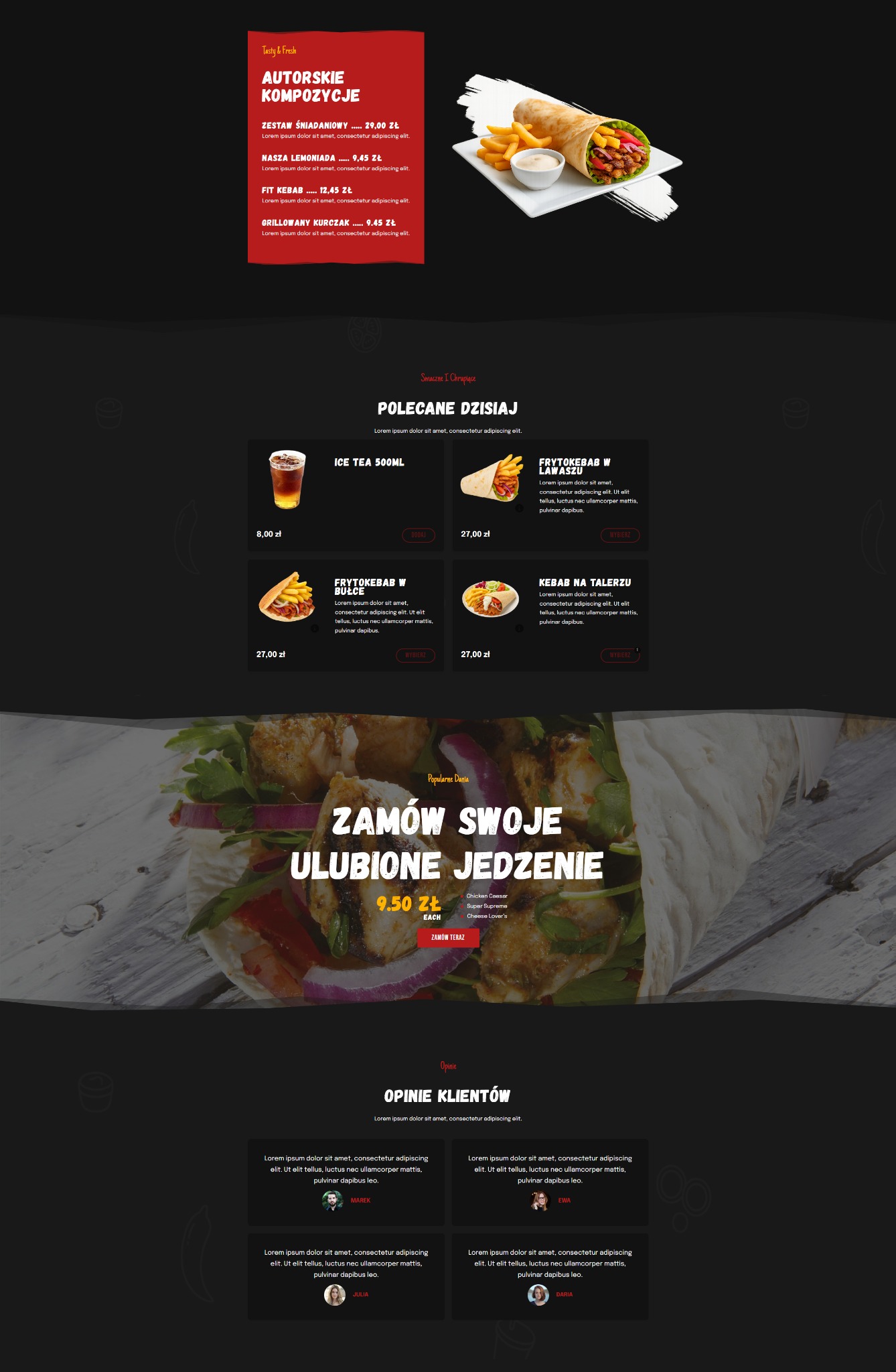 Projekt strony fastfood z menu online: kebab, frytki, napoje. Układ z cenami, przyciskami zamówień i opiniami klientów. Szablon z aplikacją mobilną i kodem QR.