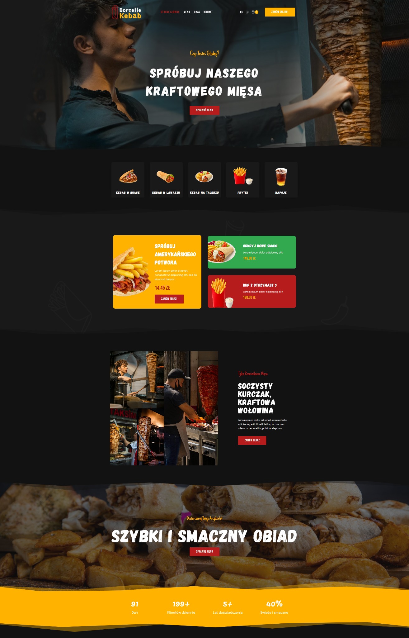 Strona internetowa restauracji fast food z kebabem, prezentująca menu, zamówienia online, aplikację mobilną i system zamawiania do stolika z kodem QR.