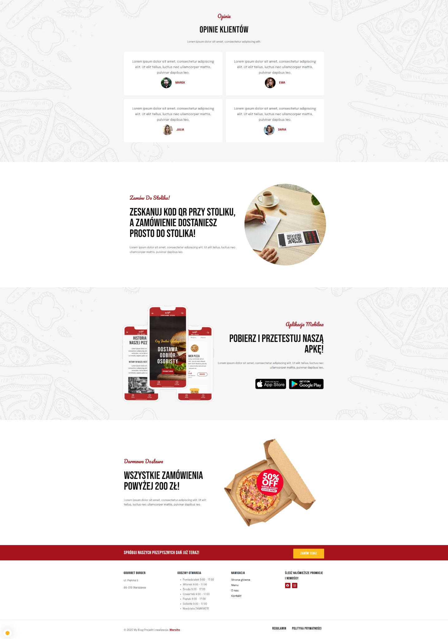 Projekt strony fastfood z zamówieniami online, aplikacją mobilną i QR kodem do zamawiania przy stoliku. Grafika prezentuje opinie klientów, menu i promocje.