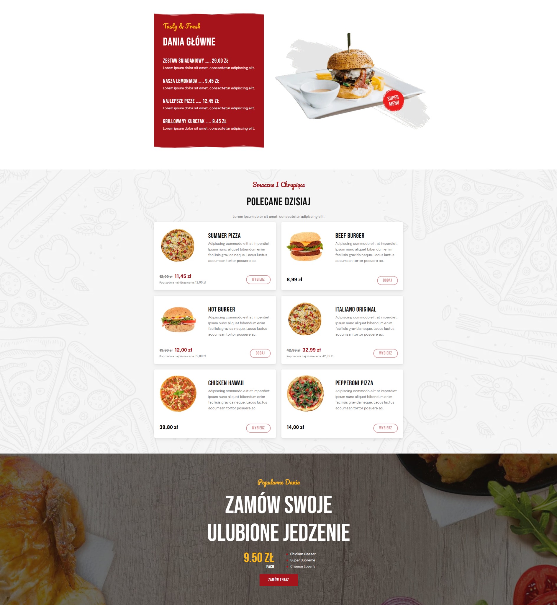 Projekt strony restauracji fast food z menu online, burger, pizza i QR kodem do zamawiania przy stoliku. Szablon strony z promocjami i daniami głównymi.