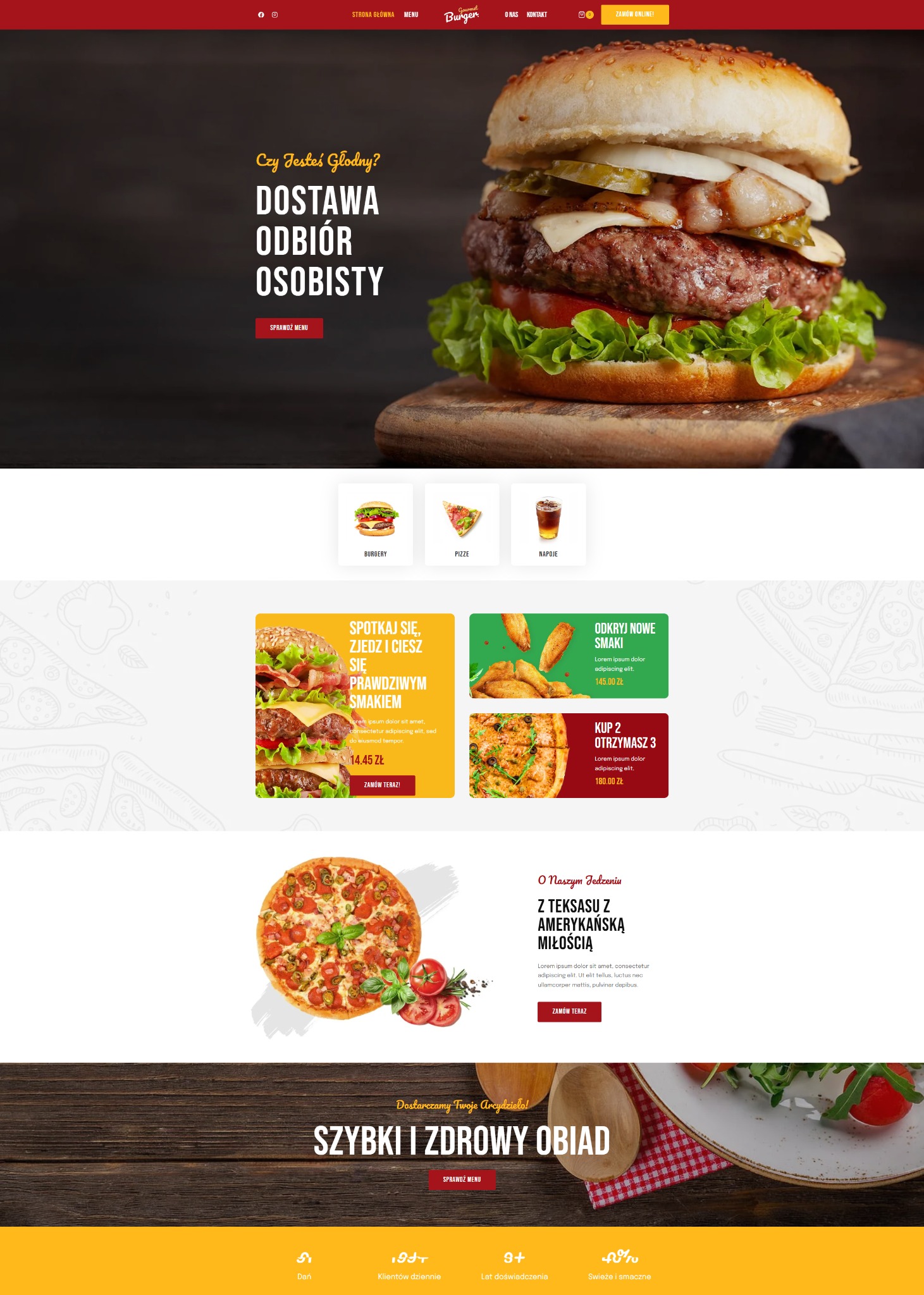 Responsywny szablon strony fastfood z burgerem, pizzą i systemem zamówień online, aplikacją mobilną i kodem QR. Układ z menu, zdjęciami dań i informacjami o restauracji.