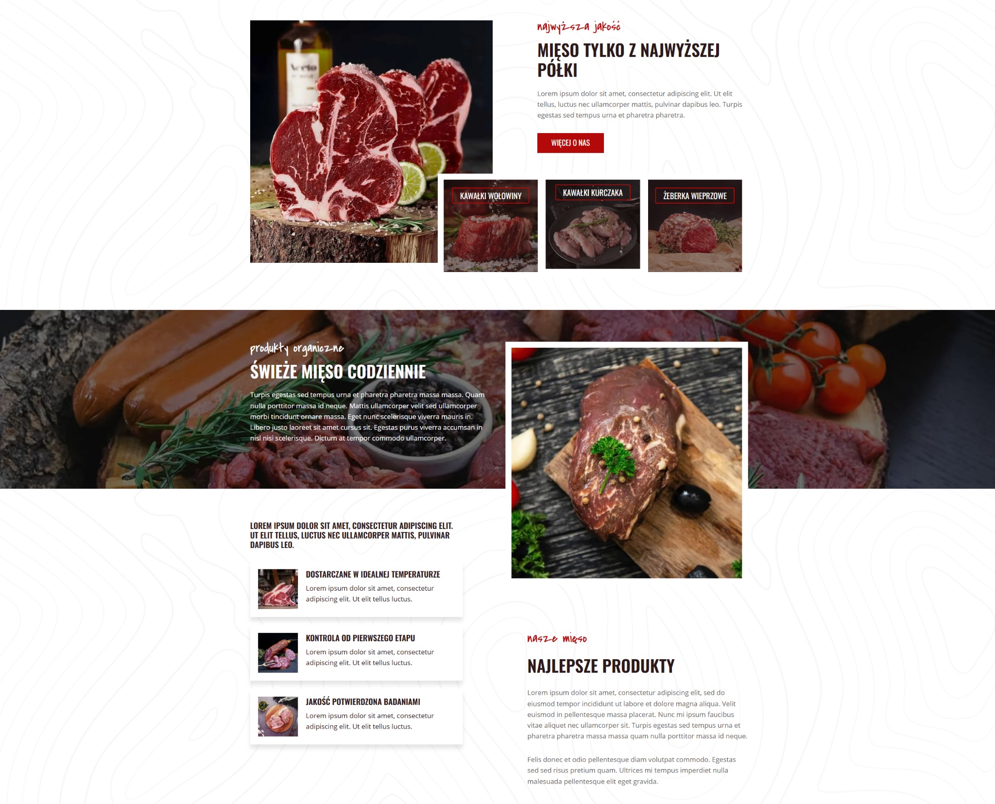 Grafika strony internetowej z motywem mięsa: wołowina, kurczak, żeberka, świeże produkty, dostawa w idealnej temperaturze, kontrola jakości i potwierdzone badania.