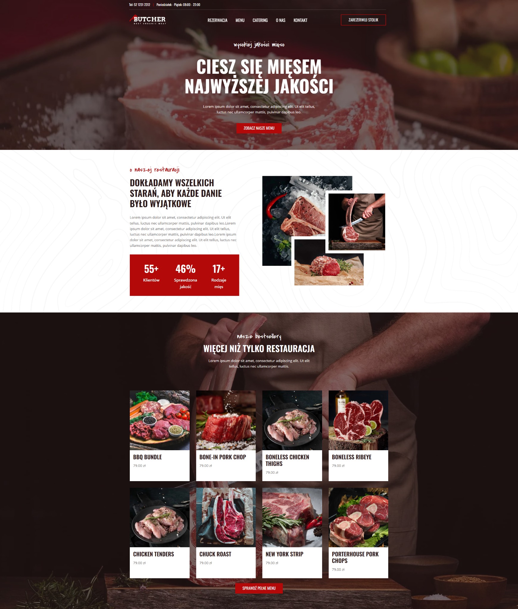 Projekt strony internetowej restauracji mięsnej Butcher, z ofertą dań i możliwością rezerwacji stolika. Układ responsywny, ciemna kolorystyka, zdjęcia potraw.