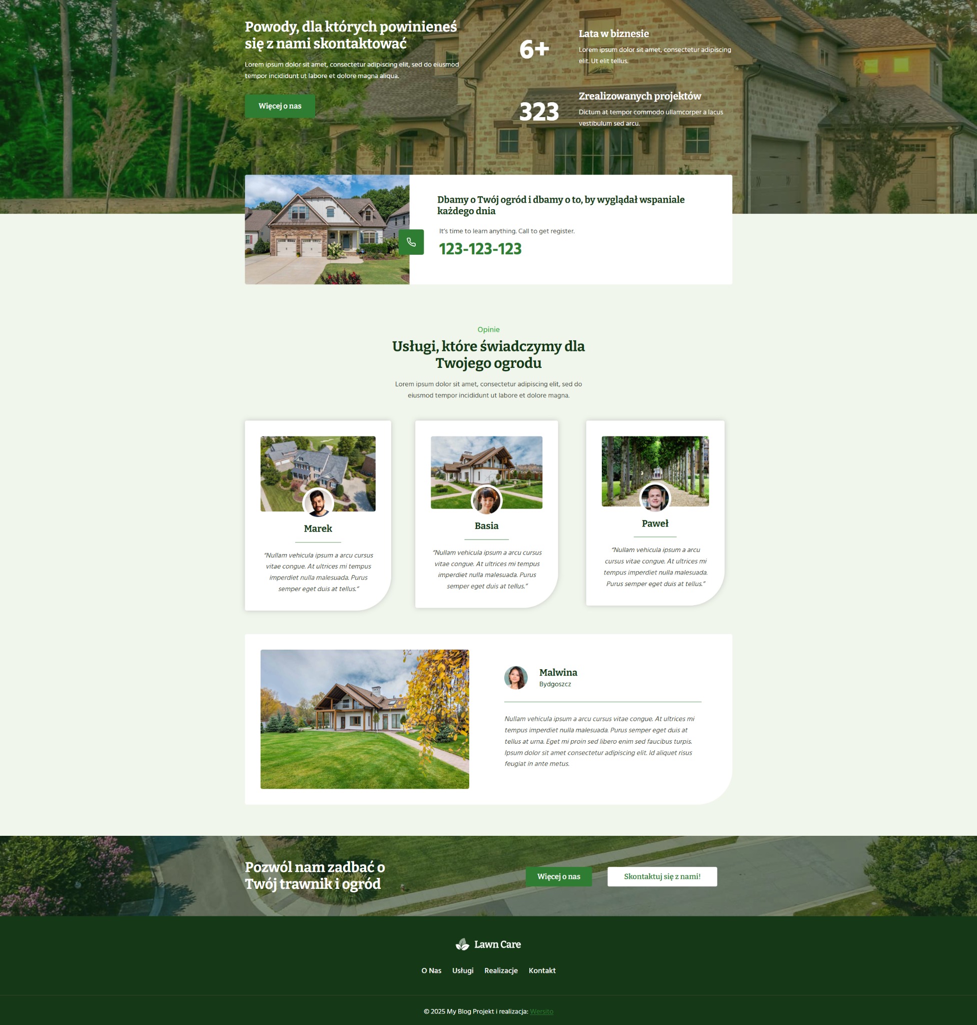 Nowoczesna strona internetowa firmy ogrodniczej z sekcją opinii klientów, zdjęciami domów i ogrodów, kontaktami i nawigacją. Estetyczny design.