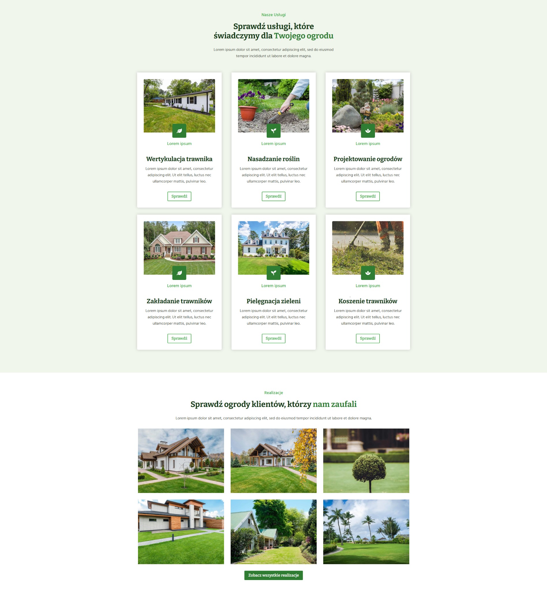 Układ strony internetowej prezentujący usługi ogrodnicze: wertykulacja, nasadzanie roślin, projektowanie, zakładanie, pielęgnacja, koszenie trawników. Realizacje ogrodów.