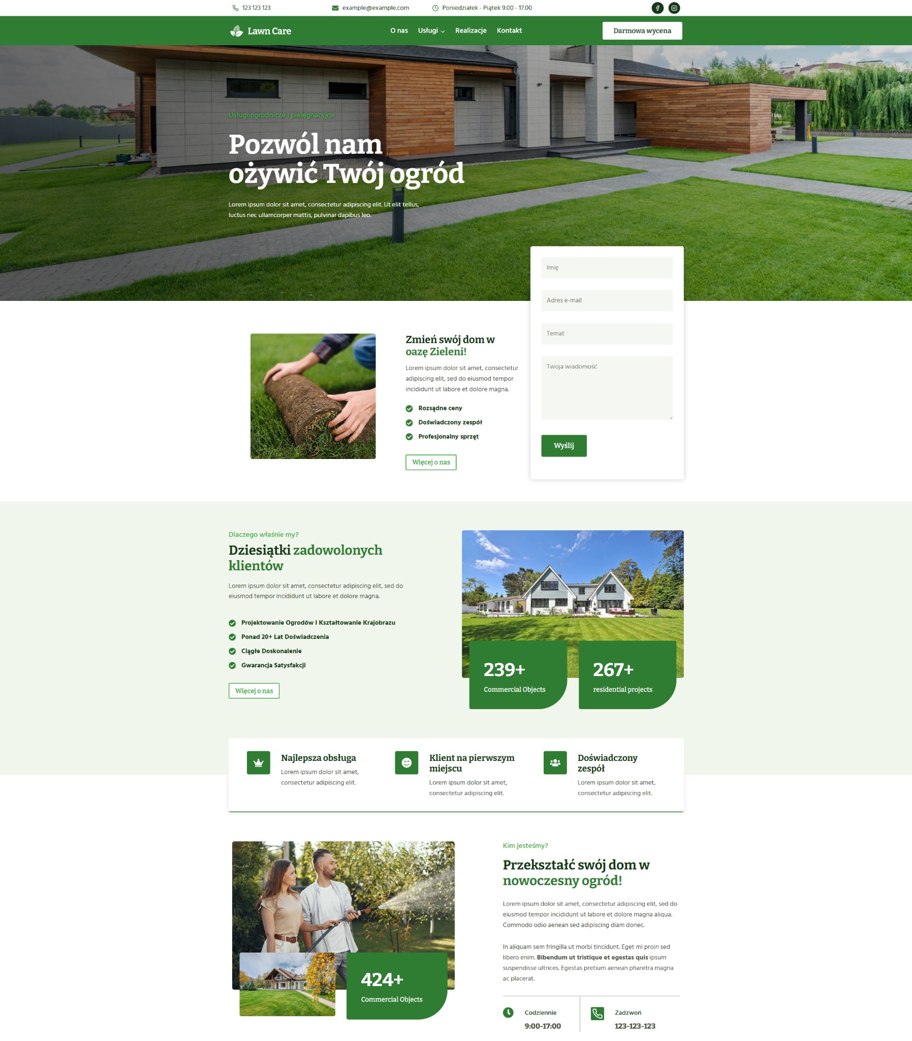 Projekt strony internetowej firmy ogrodniczej z zielonym motywem, prezentującej usługi pielęgnacji trawników i projektowania ogrodów, z formularzem kontaktowym i danymi firmy.