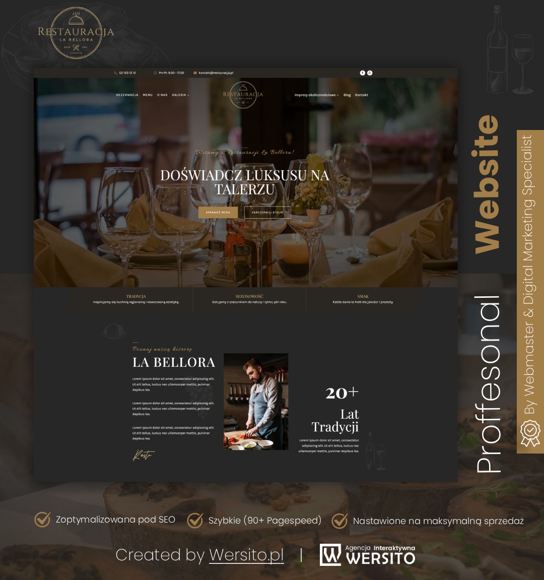 Prezentacja strony internetowej restauracji La Bellora, zoptymalizowanej pod SEO, z szybkim czasem ładowania i nastawieniem na sprzedaż, stworzona przez Wersito.pl.
