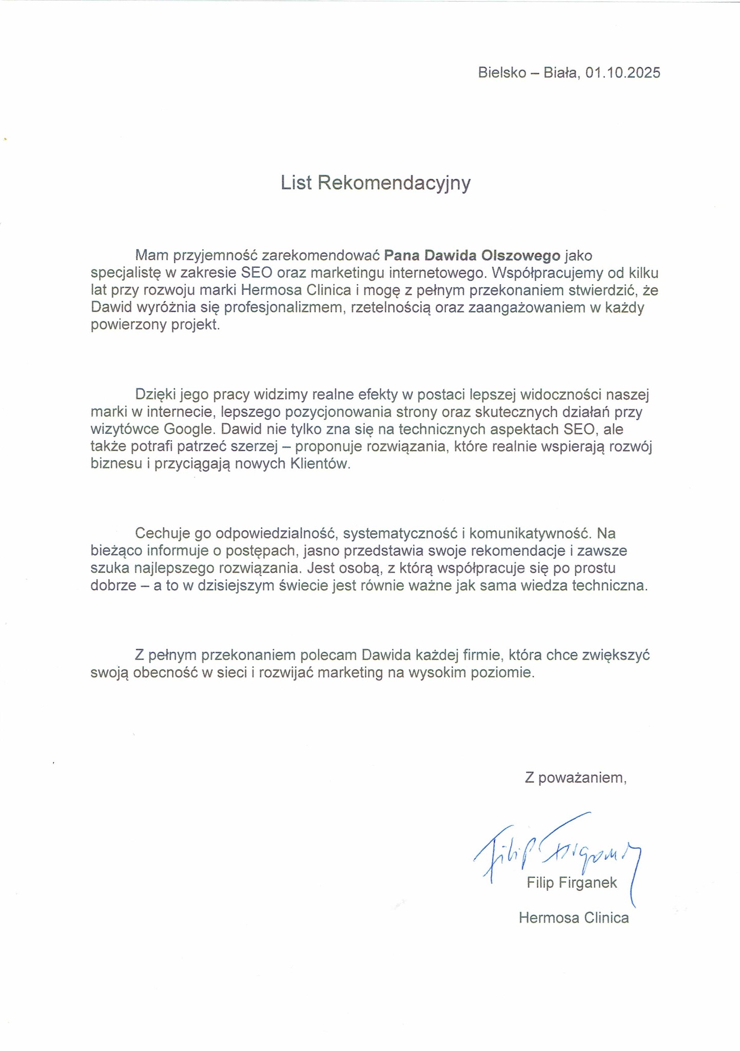 List rekomendacyjny dla specjalisty SEO i marketingu internetowego Dawida Olszowego od Hermosa Clinica, potwierdzający profesjonalizm i zaangażowanie.
