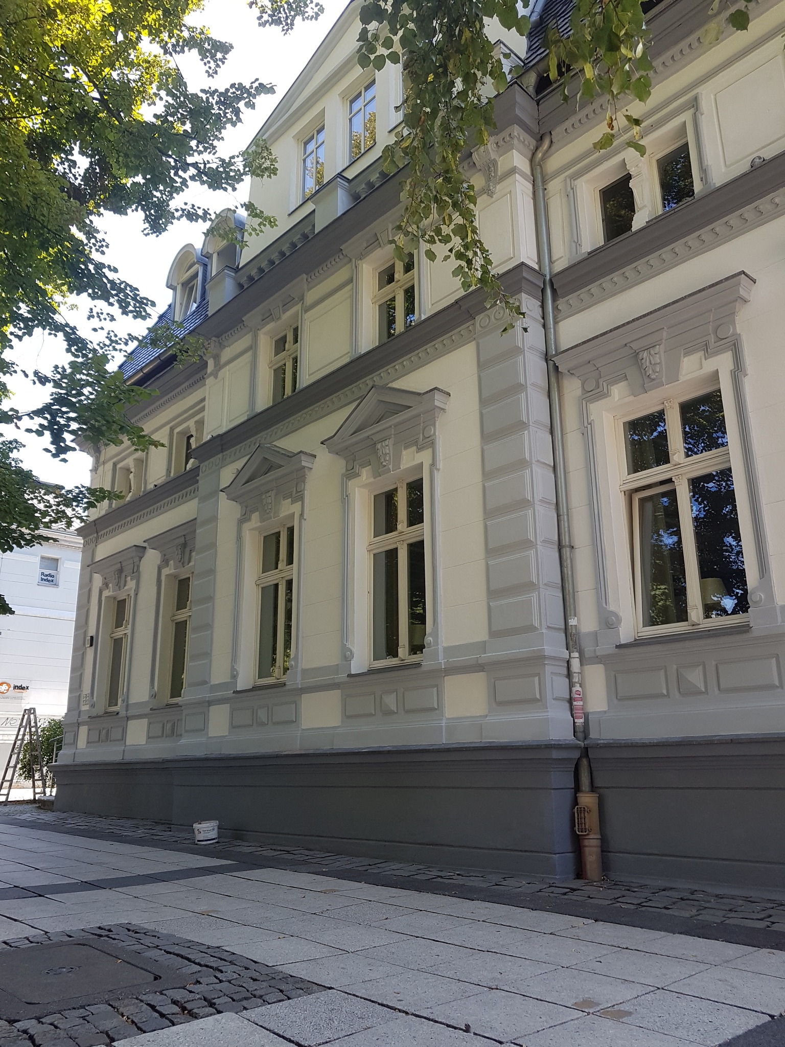 Odnowiona elewacja kamienicy z szarymi elementami dekoracyjnymi, widoczny fragment chodnika i drzewa