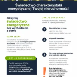 Grafika informacyjna o świadectwach charakterystyki energetycznej nieruchomości, prezentująca widok z lotu ptaka na osiedle domów jednorodzinnych oraz objaśnienia dotyczące uzyskania dokumentu...