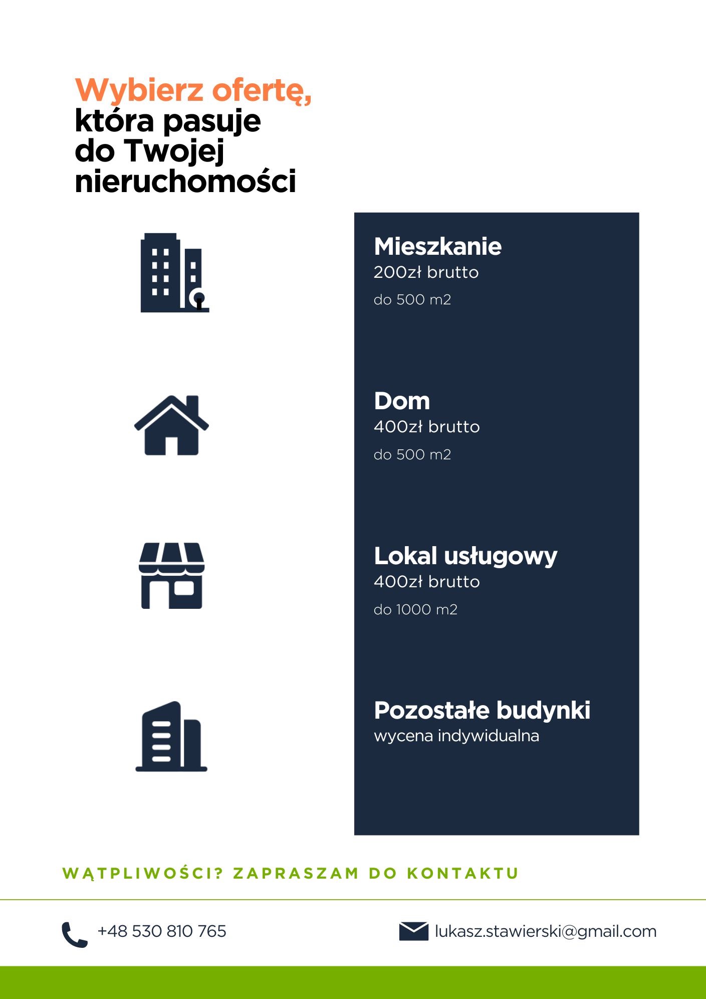 Grafika informacyjna z ikonami i cenami usług dla mieszkań, domów, lokali usługowych i innych budynków, z danymi kontaktowymi.