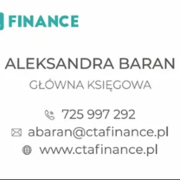 Wizytówka CTA Finance z imieniem i nazwiskiem Aleksandry Baran, stanowiskiem Główna Księgowa, numerem telefonu, adresem e-mail i adresem strony internetowej.