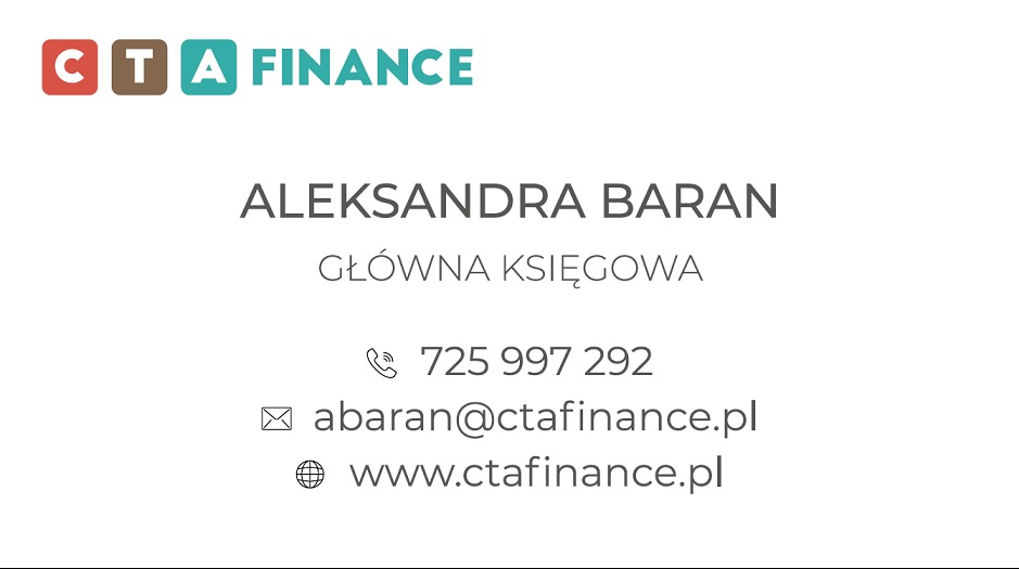 Wizytówka CTA Finance z imieniem i nazwiskiem Aleksandry Baran, stanowiskiem Główna Księgowa, numerem telefonu, adresem e-mail i adresem strony internetowej.