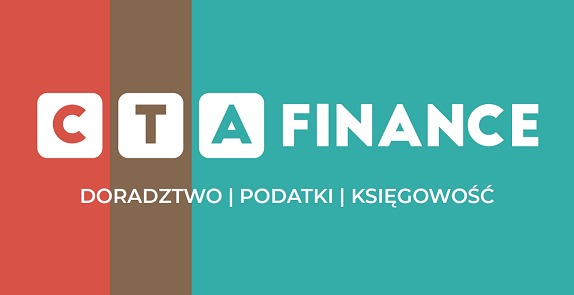 Logo firmy CTA Finance oferującej doradztwo, podatki i księgowość na tle w kolorach ceglastym, brązowym i turkusowym.
