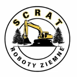 Logo firmy z żółtą koparką i drzewami iglastymi w okręgu z napisem 'SCRAT ROBOTY ZIEMNE'