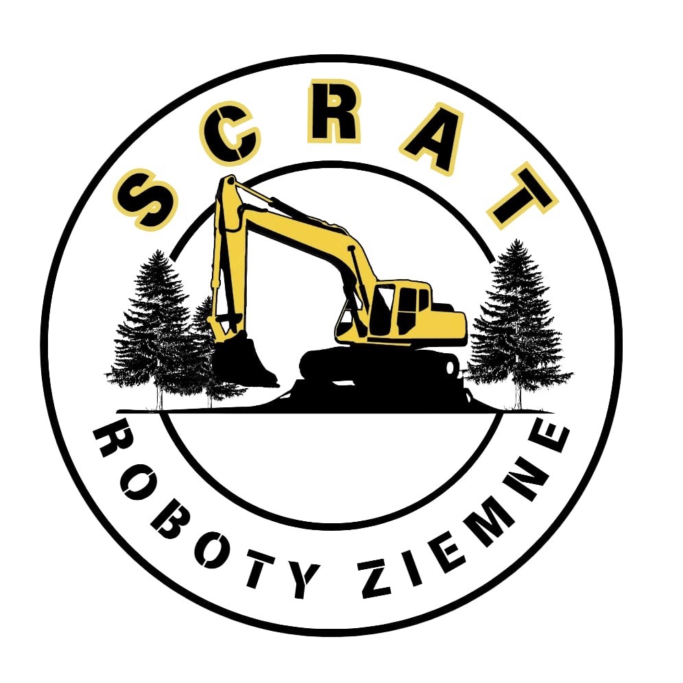 Logo firmy z żółtą koparką i drzewami iglastymi w okręgu z napisem 'SCRAT ROBOTY ZIEMNE'
