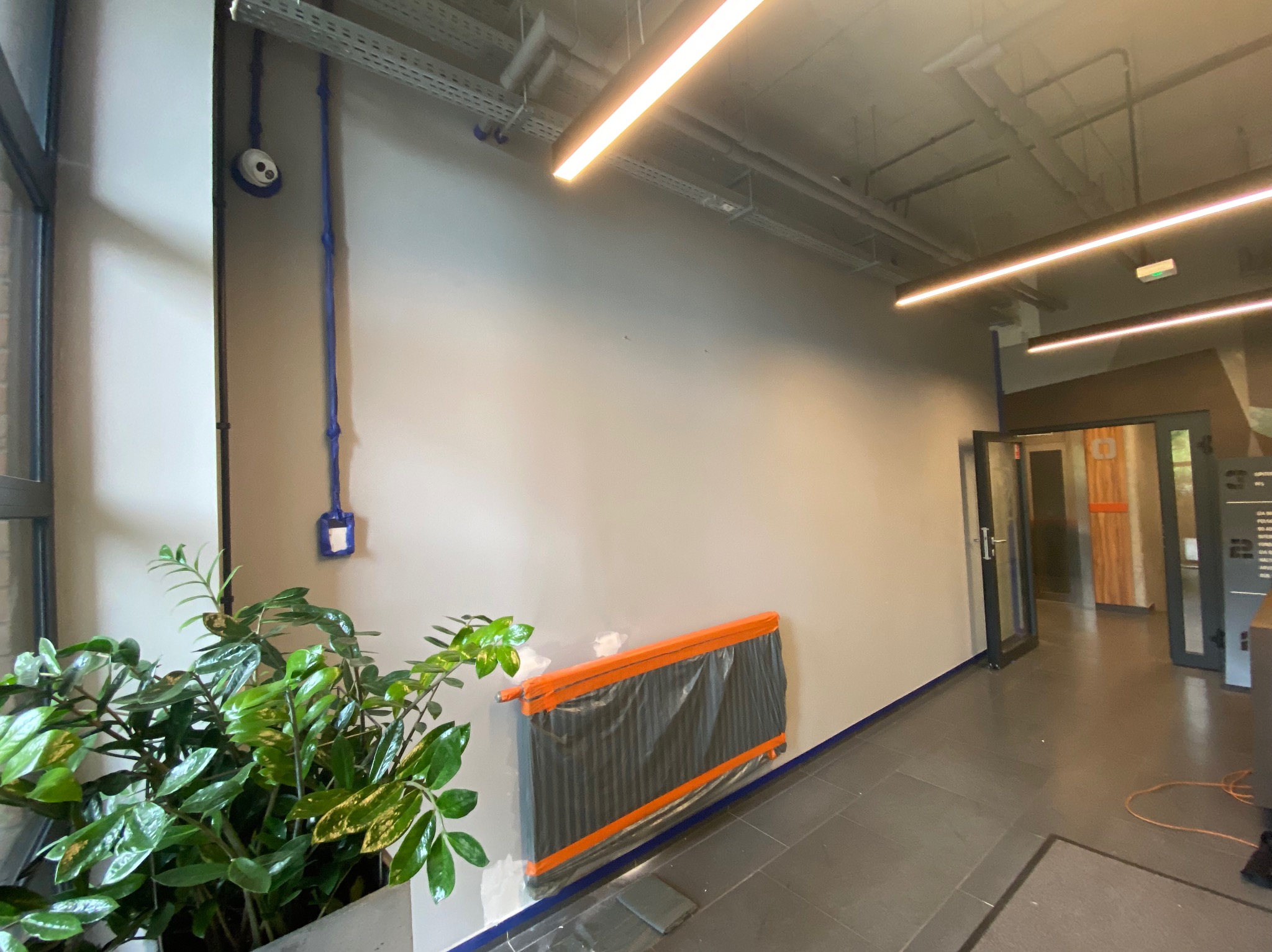 Przygotowanie do malowania w biurze: grzejnik zabezpieczony folią, ściany z widocznymi śladami po szpachlowaniu, roślina doniczkowa w lewym dolnym rogu.