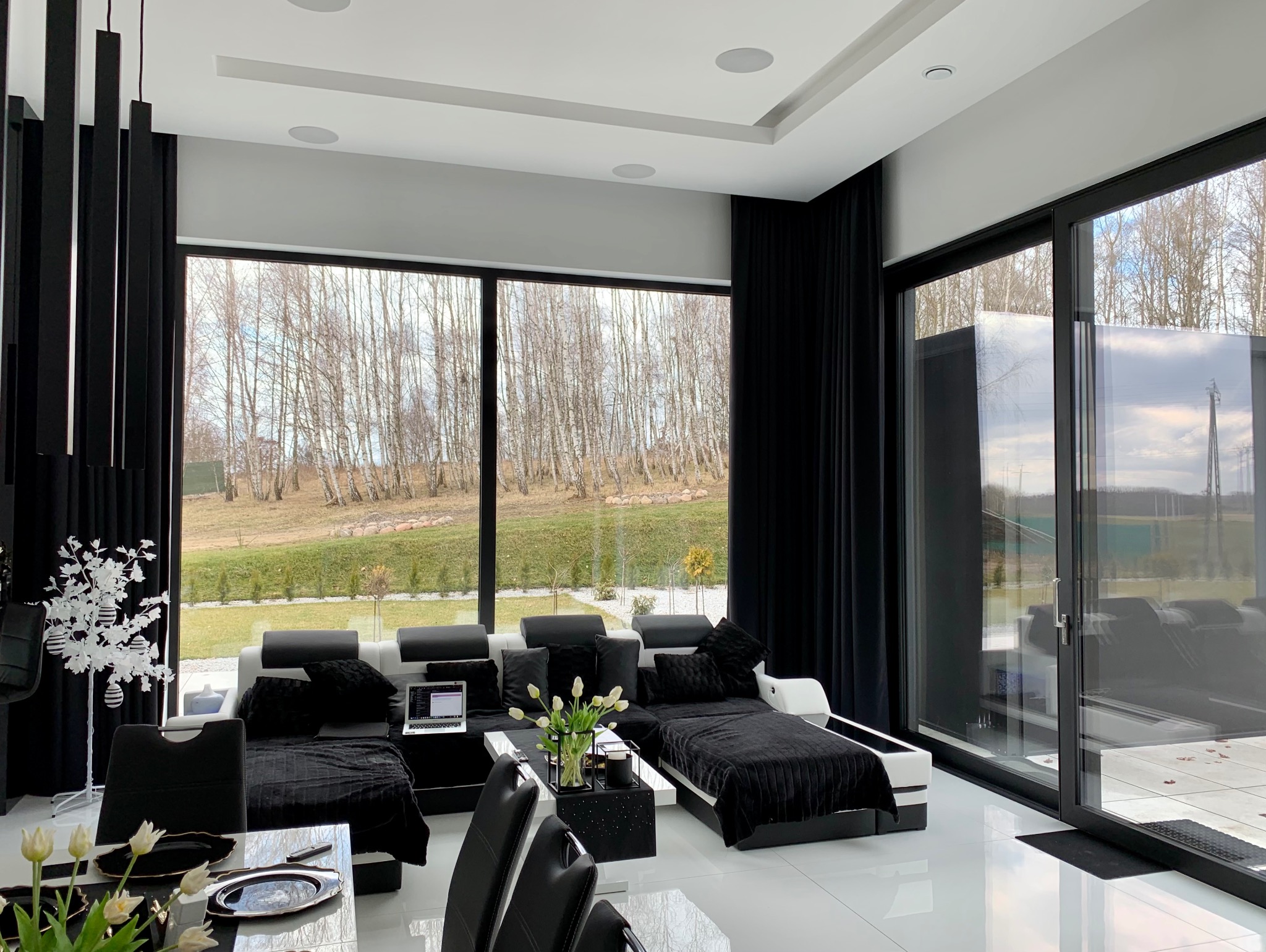Nowoczesny salon w Szczecinie z dużymi oknami aluminiowymi z czarnymi ramami, w tle widok na drzewa, czarne zasłony i biała podłoga.
