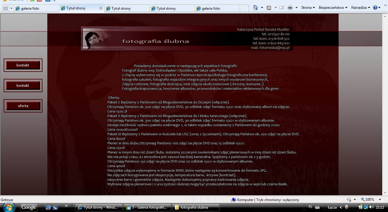 Strona internetowa fotografa ślubnego z nagłówkiem 'fotografia ślubna', zdjęciem pary młodej oraz ofertą pakietów ślubnych.