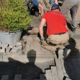 Rostalco Sp. z o.o. - Trzech pracowników układa szarą kostkę brukową na podwórku przed domem; widoczny fragment ułożonej ścieżki, donica z rośliną i cień osoby robiącej zdjęcie.