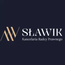 Eleganckie logo Kancelarii Radcy Prawnego Sławik na ciemnym tle. Złoty abstrakcyjny symbol graficzny po lewej, nazwa kancelarii białą czcionką po prawej.