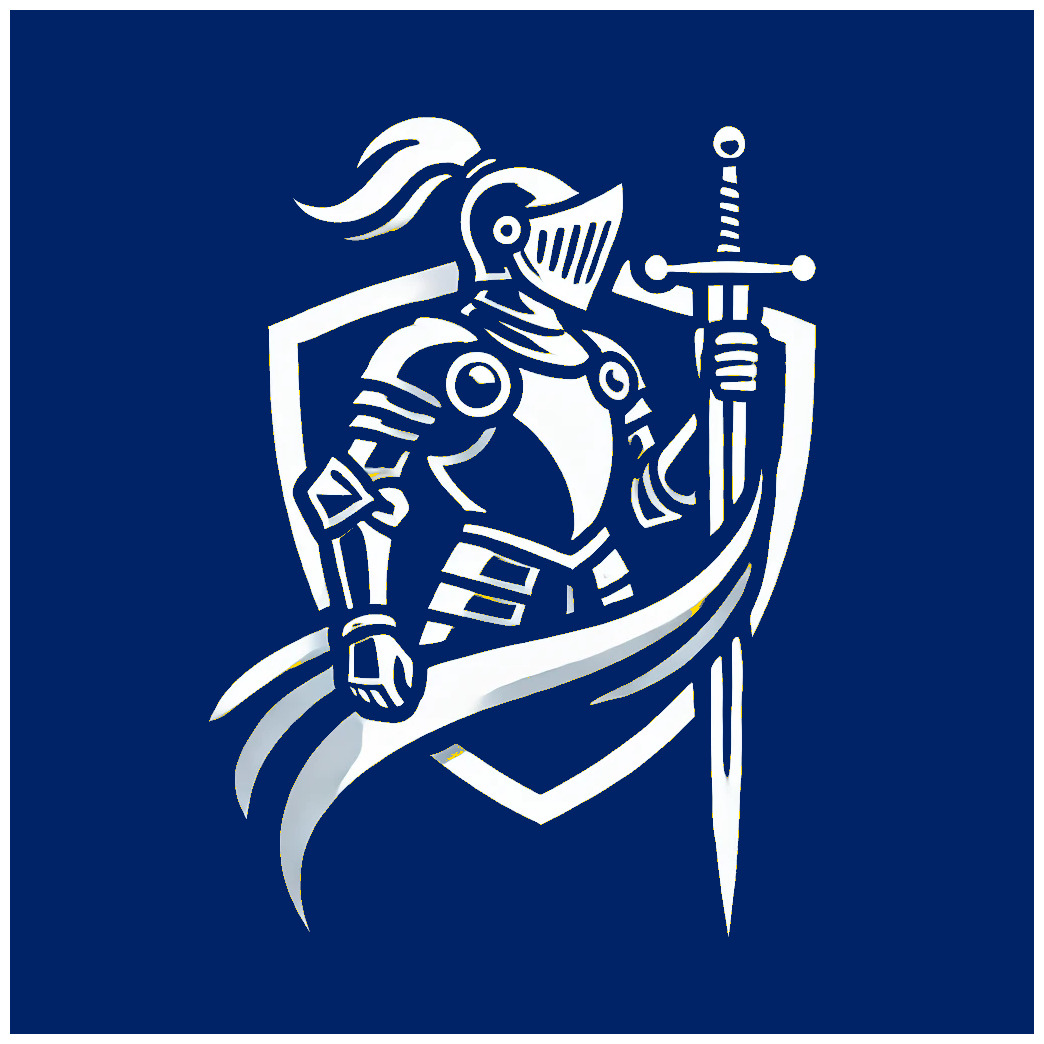 Grafika wektorowa przedstawiająca białego rycerza w zbroi, z mieczem, na tle niebieskiego tła i białej tarczy.