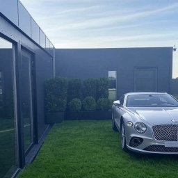 BRAM HOME PIOTR OLEJNICZAK - Nowoczesny dom z ciemną elewacją, dużymi oknami i drzwiami, otoczony trawnikiem z równo przyciętymi krzewami, z zaparkowanym srebrnym samochodem Bentley na pierwszym planie.