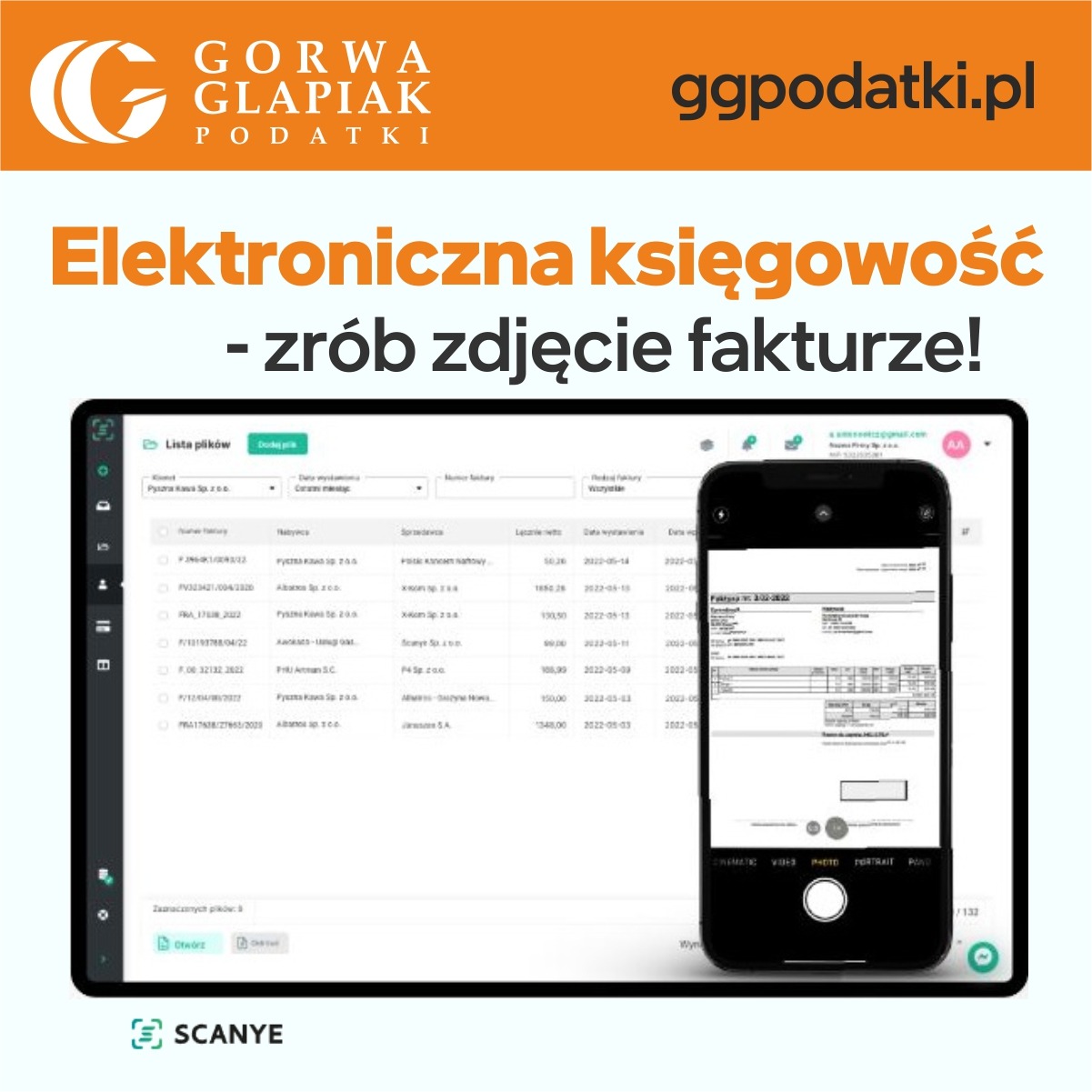 Ekran tabletu z otwartą listą plików księgowych obok smartfona, na którym uruchomiona jest aplikacja do skanowania faktur, z widocznym podglądem faktury przed zrobieniem zdjęcia.