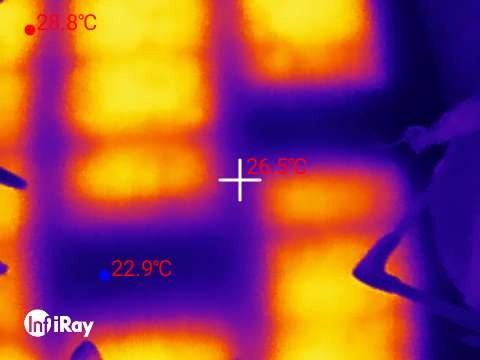 Termowizja rozdzielnicy elektrycznej, detekcja przegrzewających się elementów. Kolory wskazują temperaturę poszczególnych punktów.