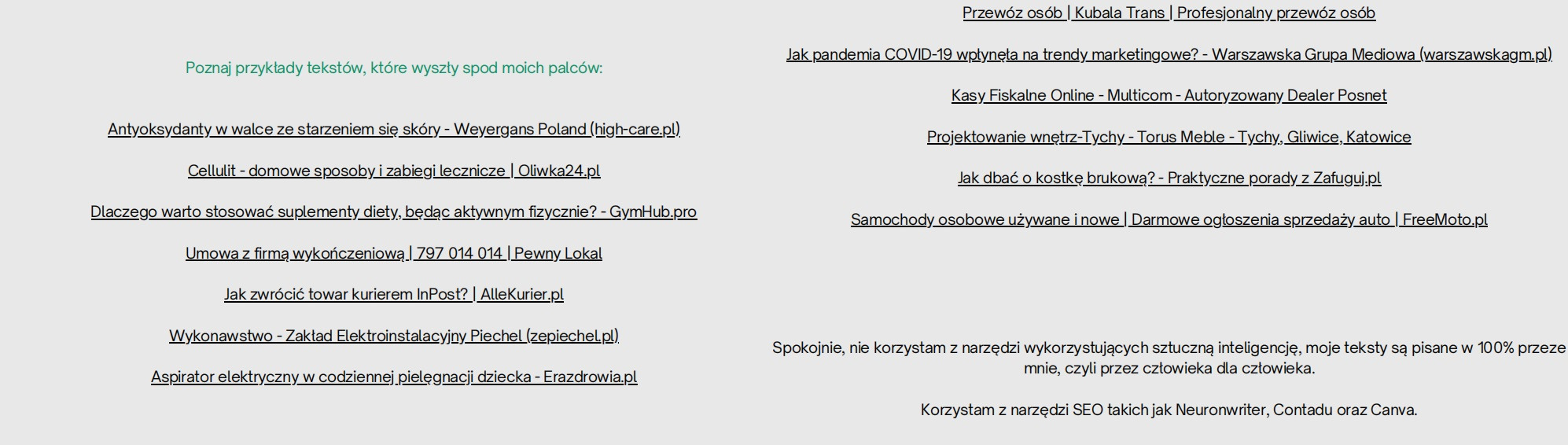 Przykłady tekstów z linkami do stron internetowych: Weyergans Poland, Oliwka24.pl, GymHub.pro, Pewny Lokal, AlleKurier.pl, zepiechel.pl, Erazdrowia.pl, Kubala Trans, Warszawska Grupa Mediowa...