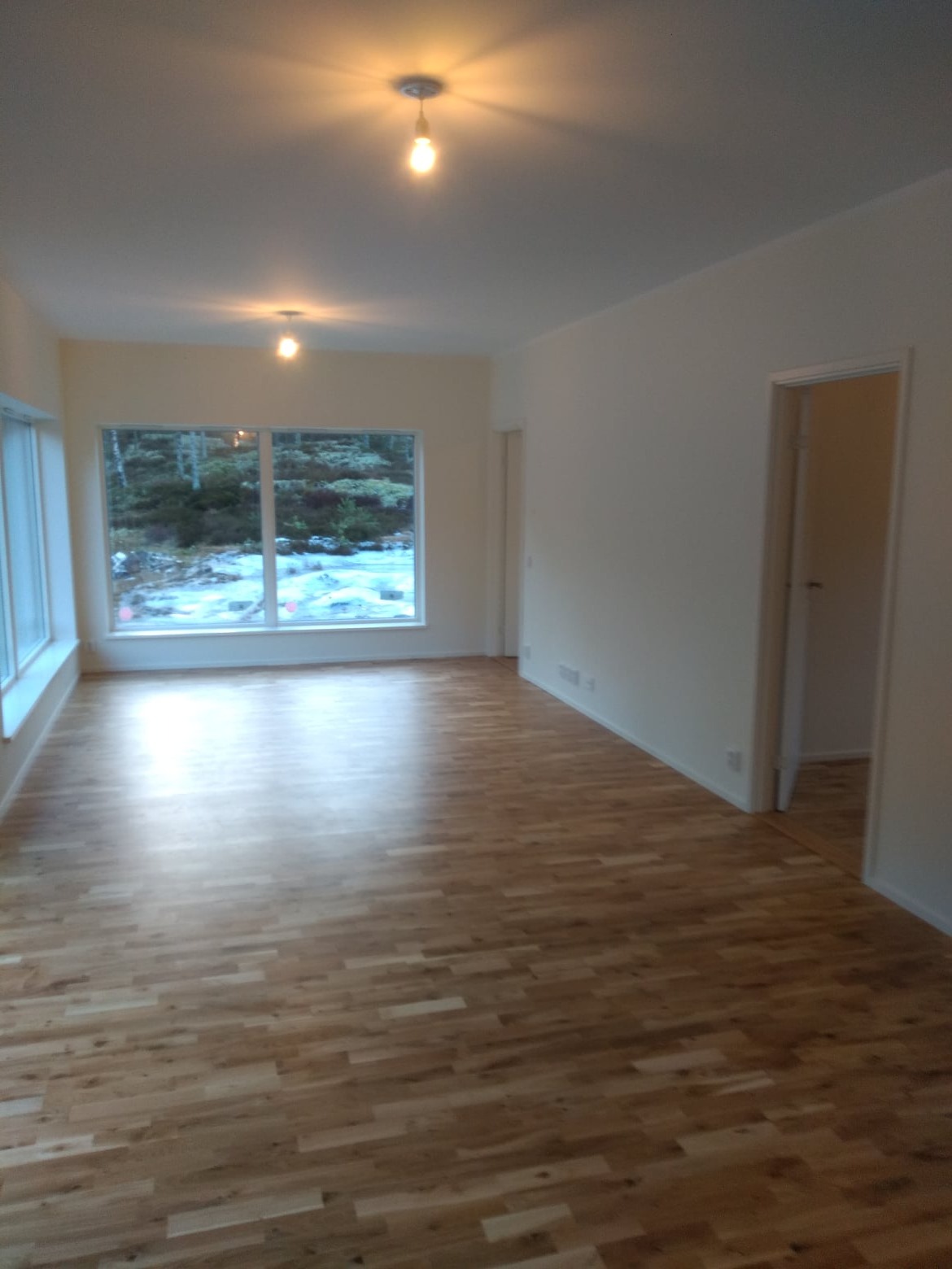 Jasne, przestronne wnętrze po remoncie z parkietem, widok na zaśnieżony las za oknem, minimalistyczne oświetlenie.