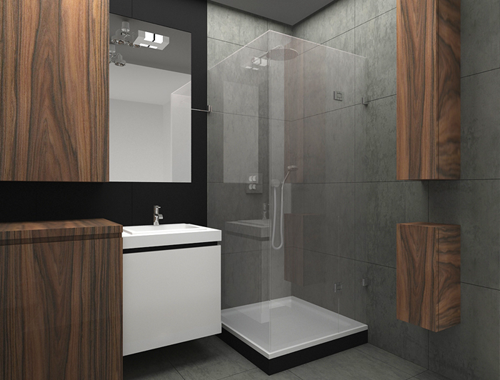 Wizualizacja łazienki z kabiną prysznicową, umywalką z szafką i wiszącymi szafkami z ciemnego drewna, na tle szarych płytek i czarnej ściany.