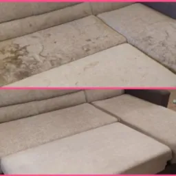 Porównanie: fragment szarej, narożnej kanapy modułowej przed i po czyszczeniu. Widoczne wyraźne plamy i zabrudzenia na górnym zdjęciu, usunięte na dolnym.