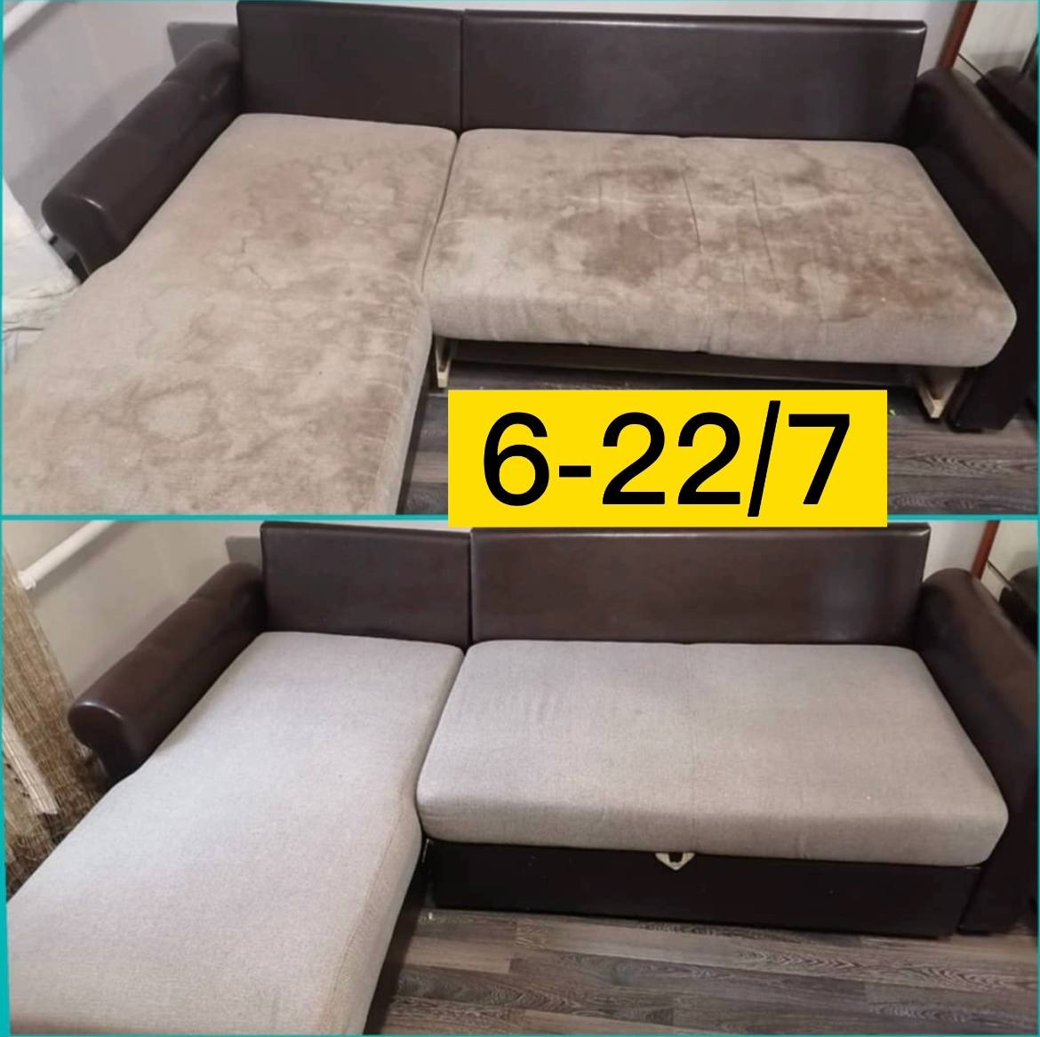 Dwu-segmentowa kanapa narożna z brązowymi skórzanymi bokami, ujęcie przed i po czyszczeniu, widoczne plamy i odbarwienia na górnym zdjęciu, czysta tapicerka na dolnym zdjęciu, z naklejoną datą 6-22/7.