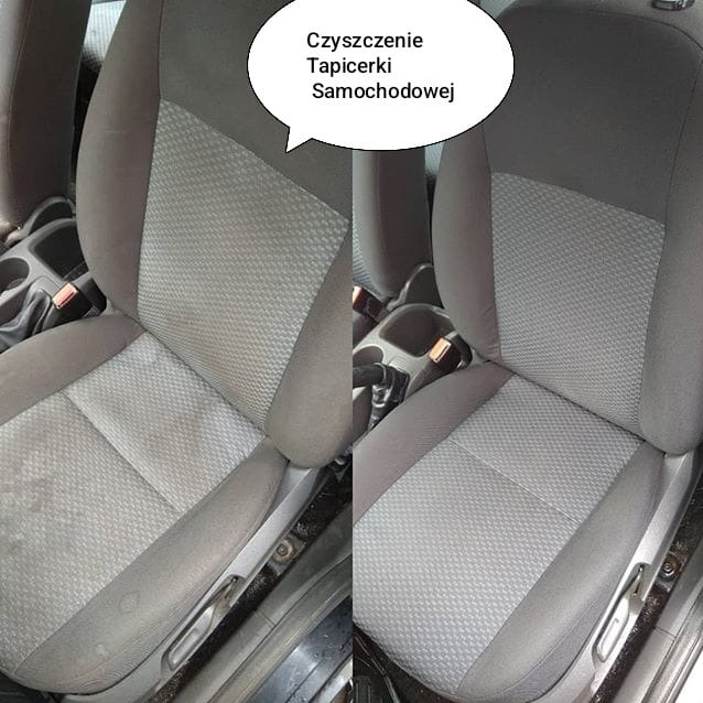 Porównanie fotela samochodowego przed i po czyszczeniu tapicerki, widoczne różnice w odcieniu i usunięcie zabrudzeń.