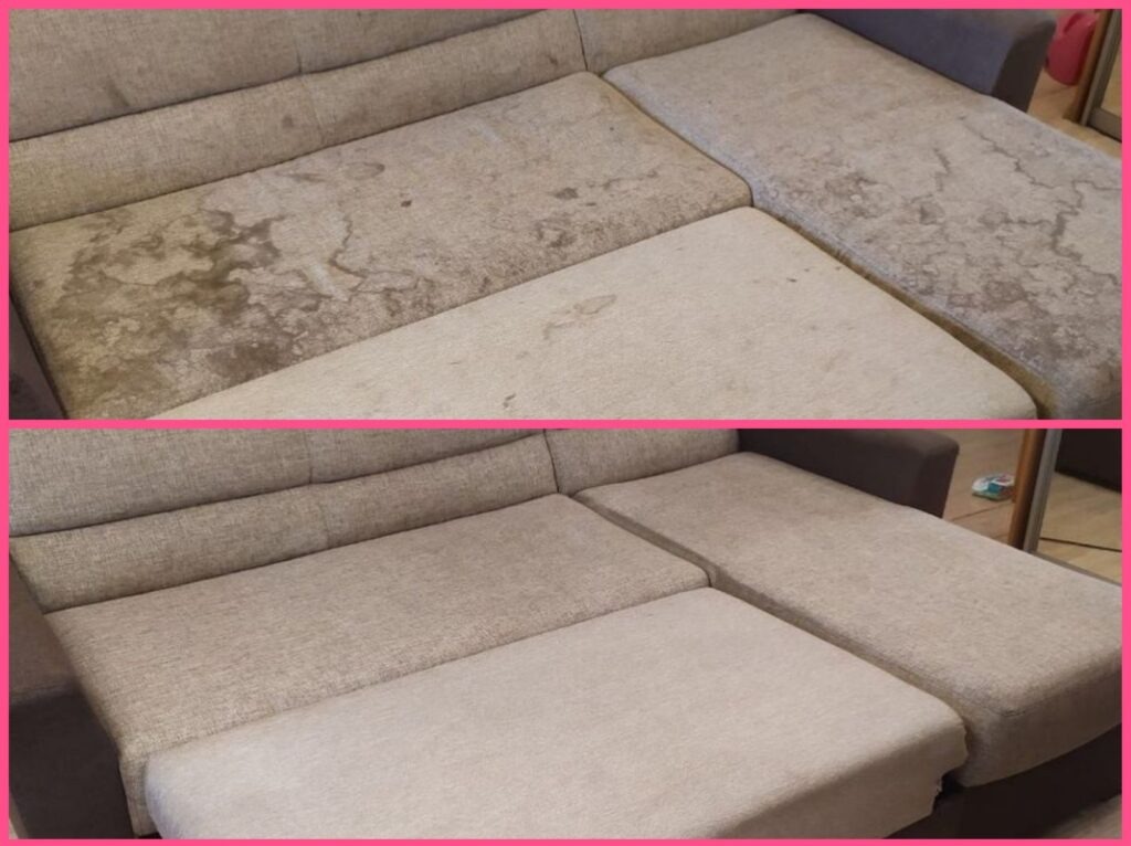 Porównanie: fragment szarej, narożnej kanapy modułowej przed i po czyszczeniu. Widoczne wyraźne plamy i zabrudzenia na górnym zdjęciu, usunięte na dolnym.
