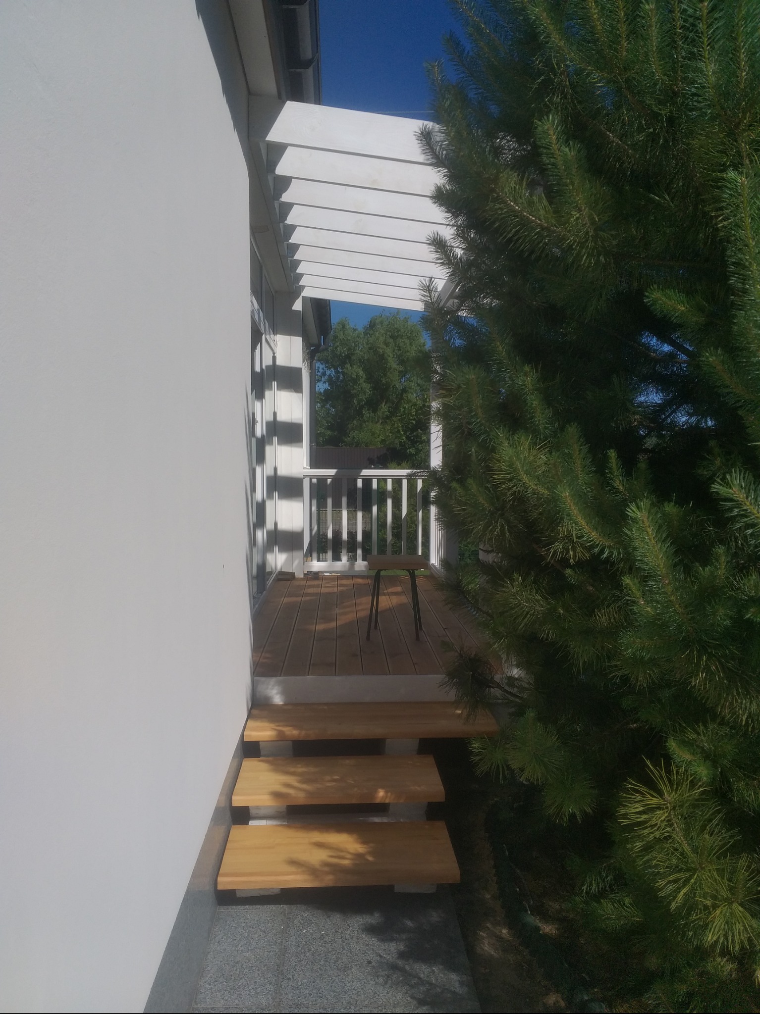 Nowoczesny taras z drewnianą podłogą i schodami, biała balustrada, widok z boku, obok rosnąca sosna, jasne oświetlenie.