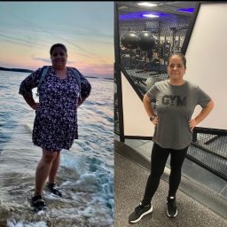 Adrian - Trener Personalny - Zdjęcie typu 'przed i po' przedstawia kobietę: po lewej na plaży w sukience, po prawej w stroju sportowym na siłowni. Widoczna zmiana sylwetki.