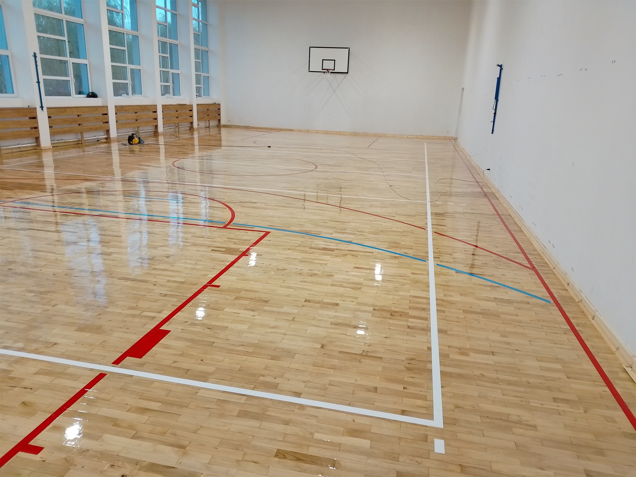 Parkiet w hali sportowej po renowacji. Widoczne linie boiska w kolorach białym, czerwonym i niebieskim. Parkiet lakierowany, z połyskiem. W tle kosz do koszykówki i okna.
