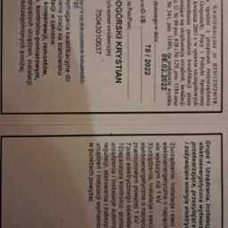 Skan dokumentu potwierdzającego kwalifikacje elektryczne Krystiana Podgórskiego z dnia 08.02.2022, obejmujące obsługę, konserwację, remonty, montaż, kontrolno-pomiarowe prace przy urządzeniach...