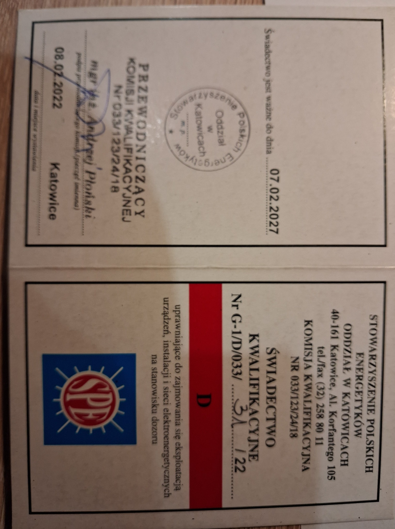 Uprawnienia elektryczne G-1/E/033/78/22 uprawnienia elektryczne G-1/D/033/31/22