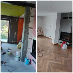 Rafał usługi wykończeniowe - Zdjęcie przedstawia zestawienie stanu surowego i wykończonego wnętrza: po lewej stronie widoczny jest kolumnowy filar w trakcie obróbki, z widocznymi warstwami betonu i cegły, oraz ściany w różnych...