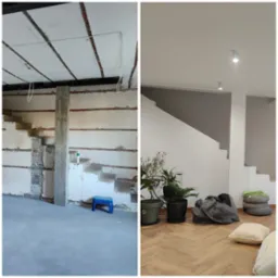 Porównanie stanu surowego i wykończonego wnętrza: widok na schody i sufit przed i po pracach, z uwzględnieniem instalacji płyt kartonowo-gipsowych na suficie oraz malowania ścian i schodów na biało.