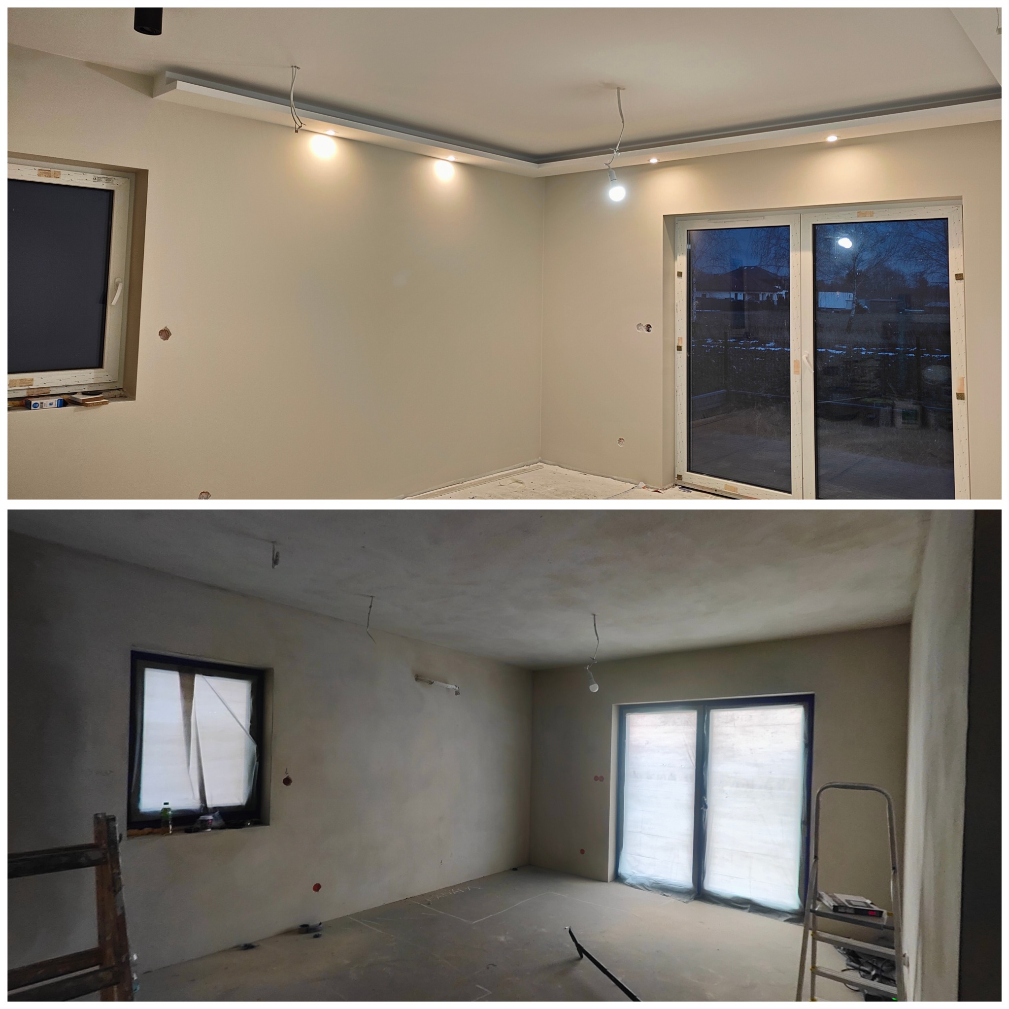 Porównanie stanu pokoju przed i po: od surowych ścian z widocznymi instalacjami do świeżo pomalowanego wnętrza z zamontowanym oświetleniem punktowym i listwami dekoracyjnymi.